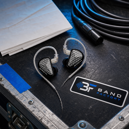 KZ AS16 Pro X in-ear monitors — Band Factory touring flight-case flat lay