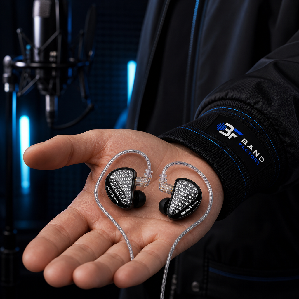 KZ AS16 Pro X in-ear monitors — Band Factory branded sleeve product close-up