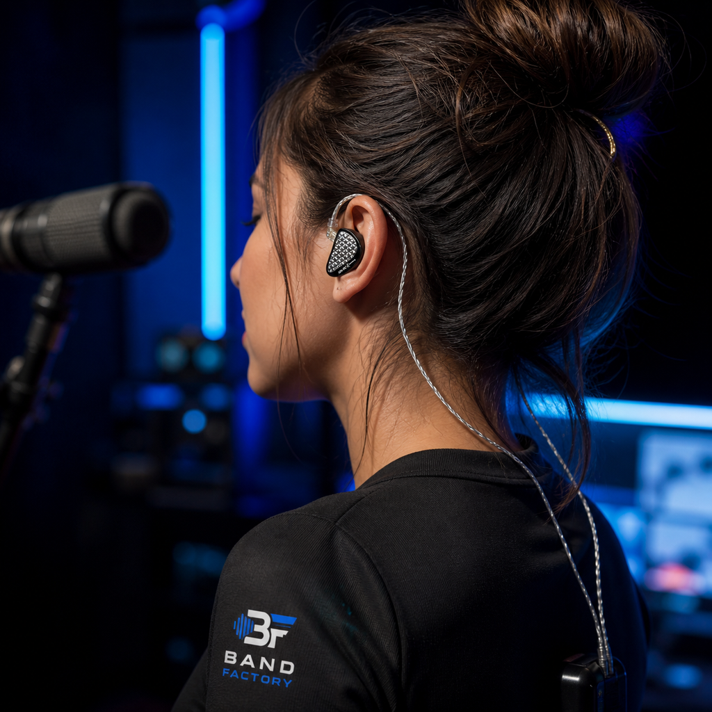 KZ AS16 Pro X in-ear monitors — Band Factory on-ear rehearsal lifestyle