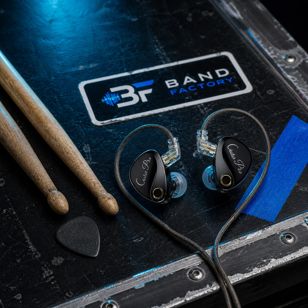 KZ Castor Pro in-ear monitors — Band Factory touring flight-case flat lay