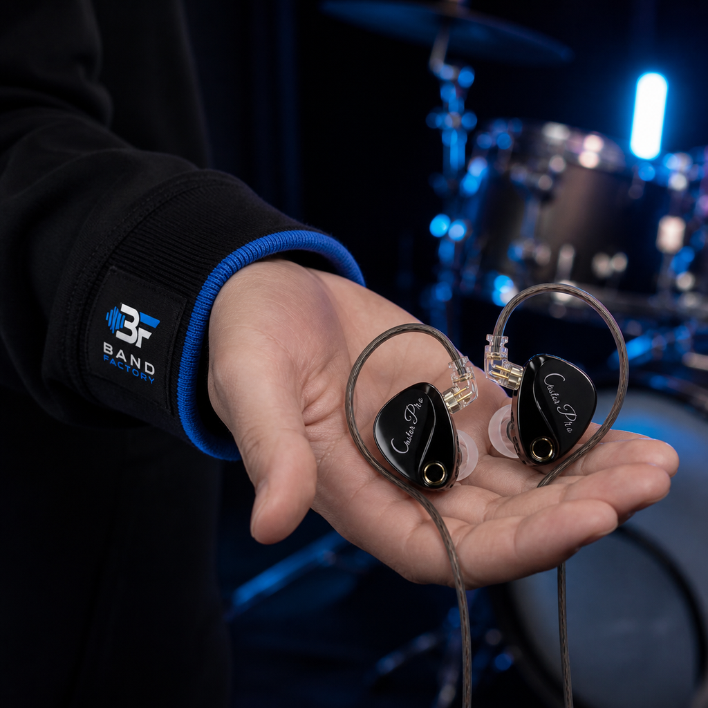 KZ Castor Pro in-ear monitors — Band Factory branded sleeve product close-up