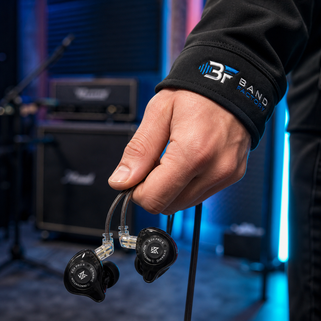KZ EDX Pro X in-ear monitors — Band Factory branded sleeve product close-up