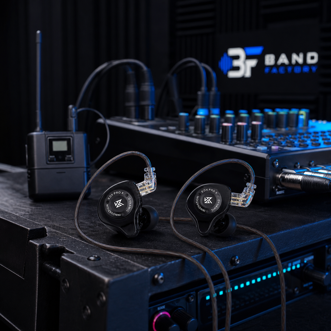 KZ EDX Pro X in-ear monitors — Band Factory rehearsal equipment scene