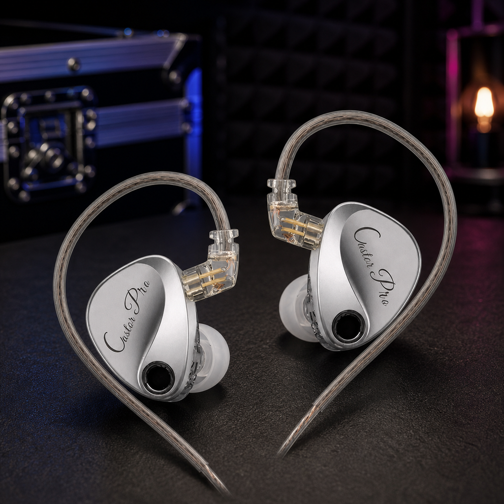 KZ Castor Pro Harman Edition — silver IEMs in the dark Band Factory studio