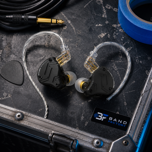 KZ ZS10 Pro X in-ear monitors — Band Factory touring flight-case flat lay