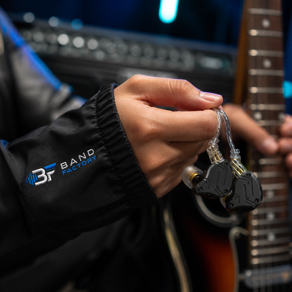 KZ ZS10 Pro X in-ear monitors — Band Factory branded sleeve product close-up
