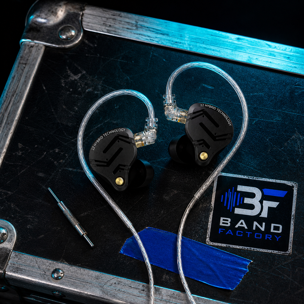 KZ ZS12 Pro X in-ear monitors — Band Factory touring flight-case flat lay