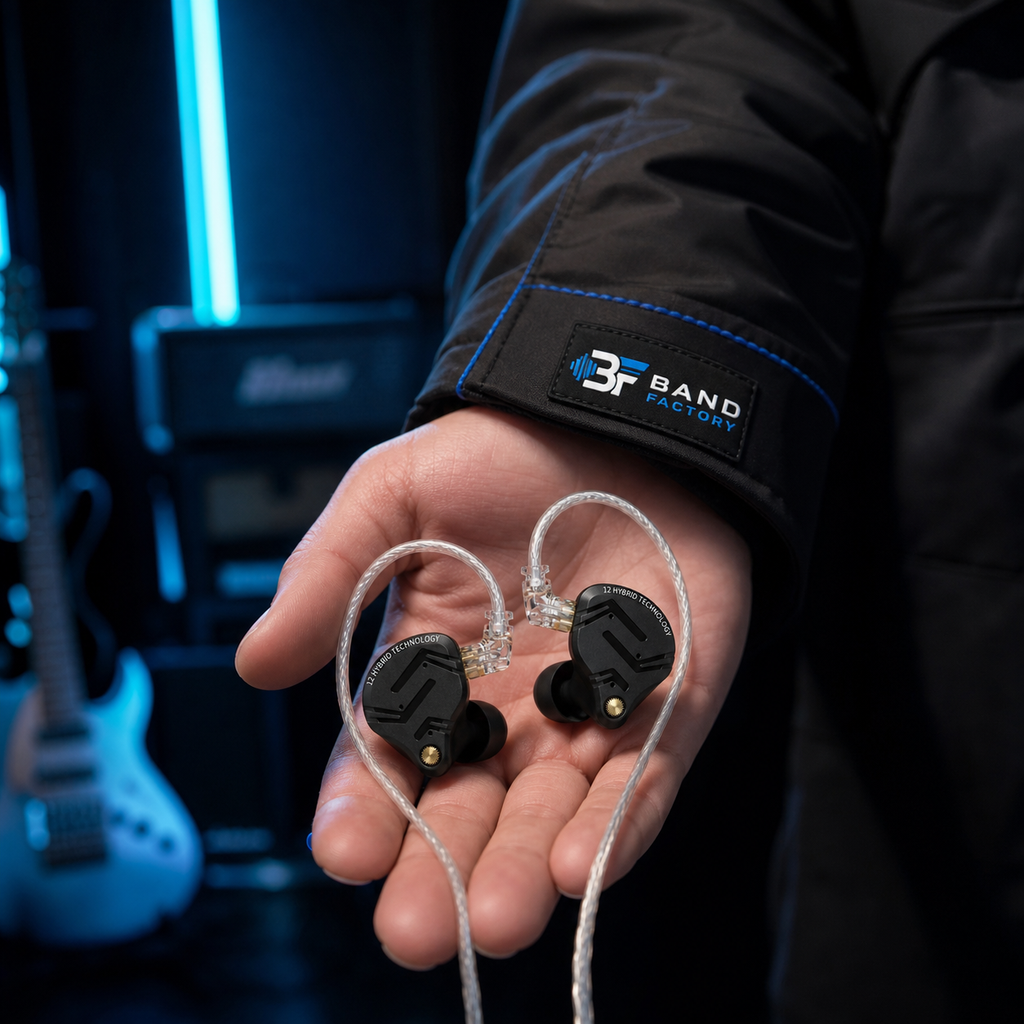 KZ ZS12 Pro X in-ear monitors — Band Factory branded sleeve product close-up